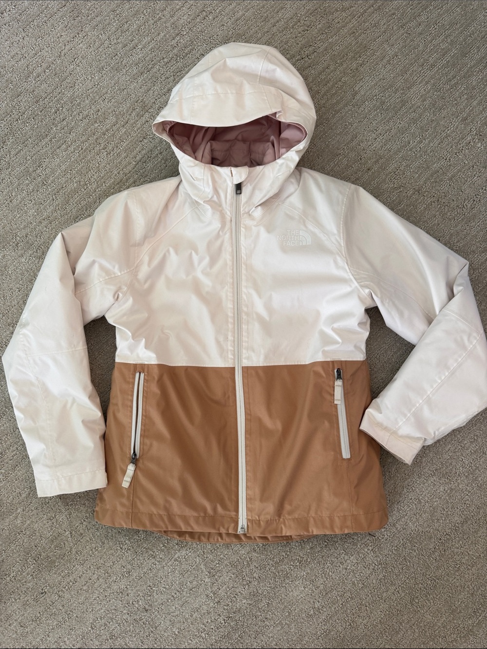 The North Face 3-in-1 Hooded Coat - Cream and Tan Shell, Pale Pink Puffer